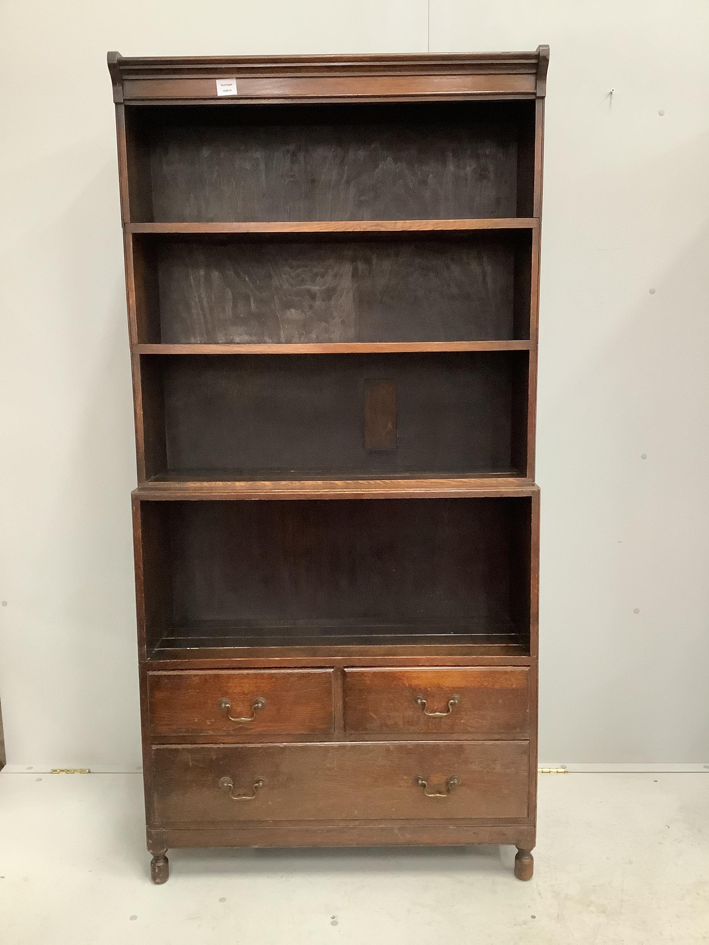 A Globe Wernicke style oak five section open bookcase, width 89cm, depth 28cm, height 181cm